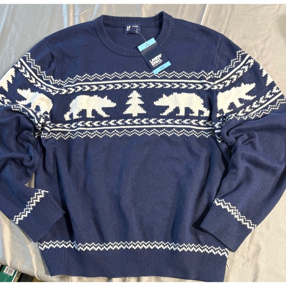 Lands End Mens Navy Blue Polar Bear Fair Isle Crewneck Sweater Large NWT